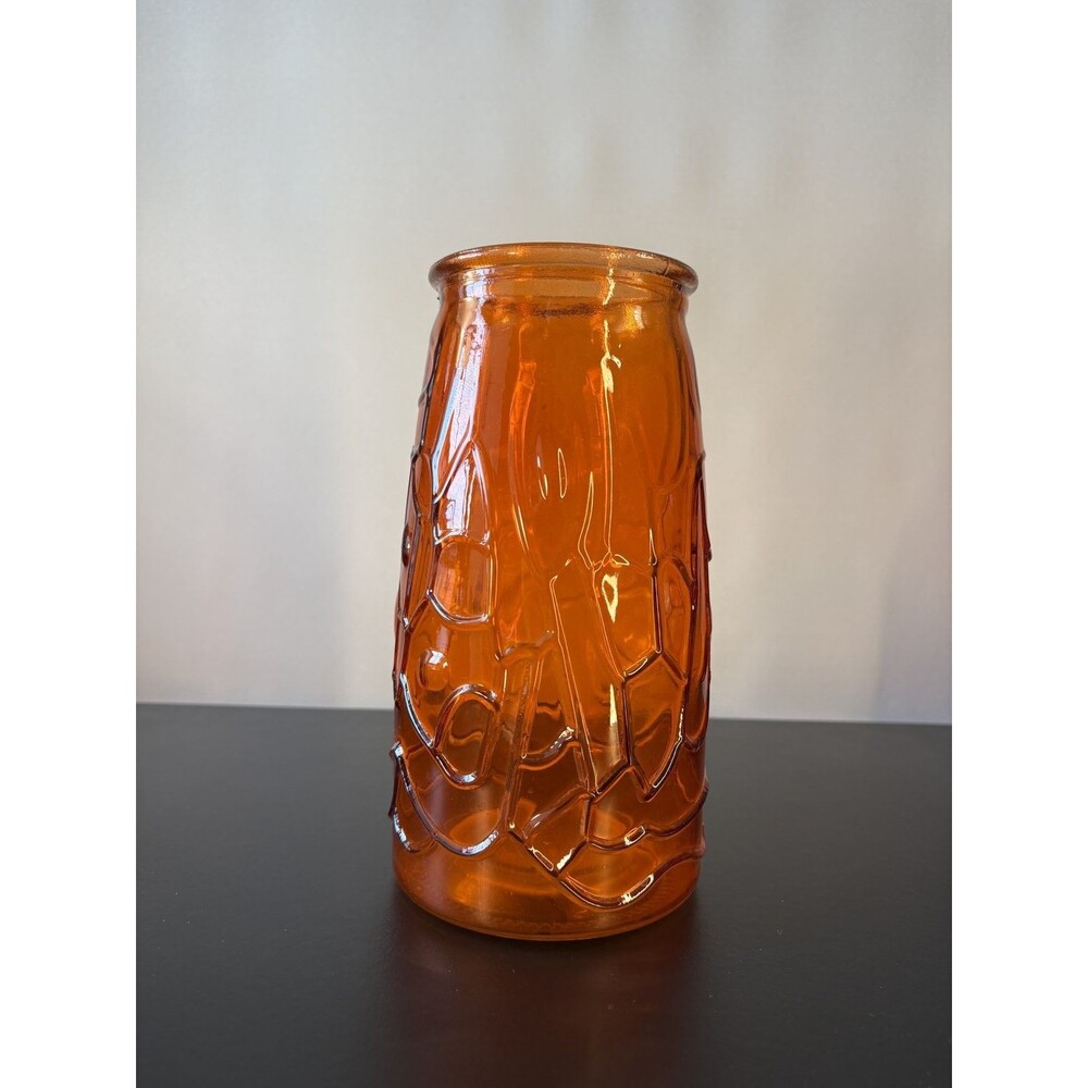 Amber Glass Vase 8.25 Inch Textured Bark Crackle Pattern Rolled Rim Cylinder